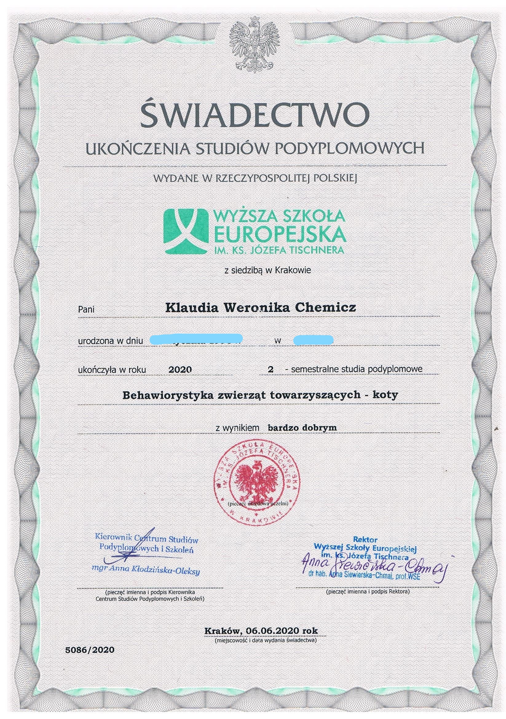 Klaudia Chemicz dyplom behawiorystyka