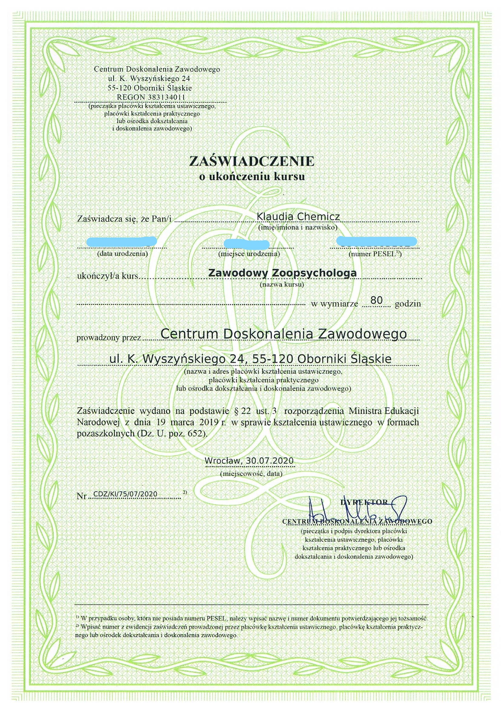 Klaudia Chemicz dyplom behawiorystyka