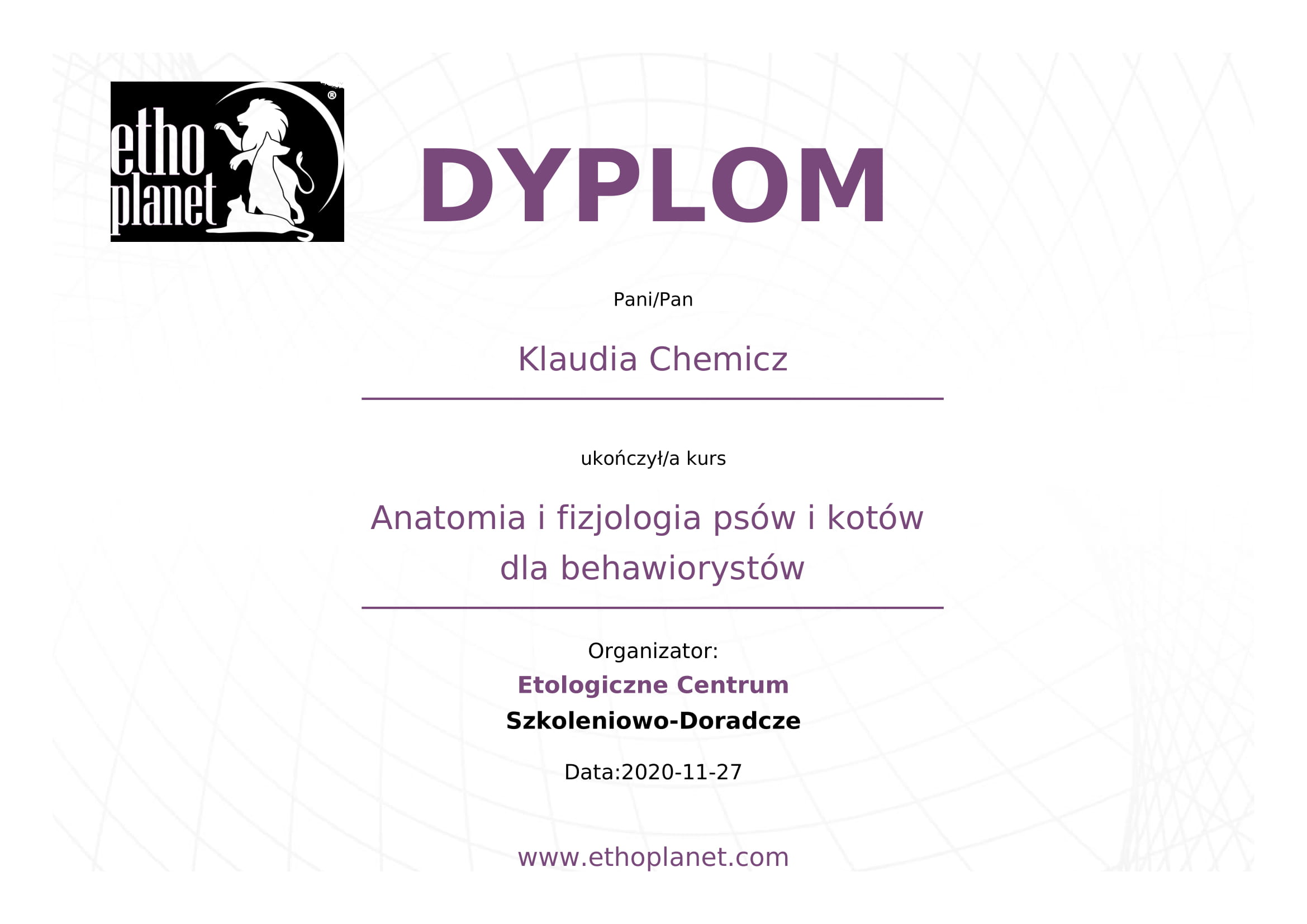 Klaudia Chemicz dyplom behawiorystyka