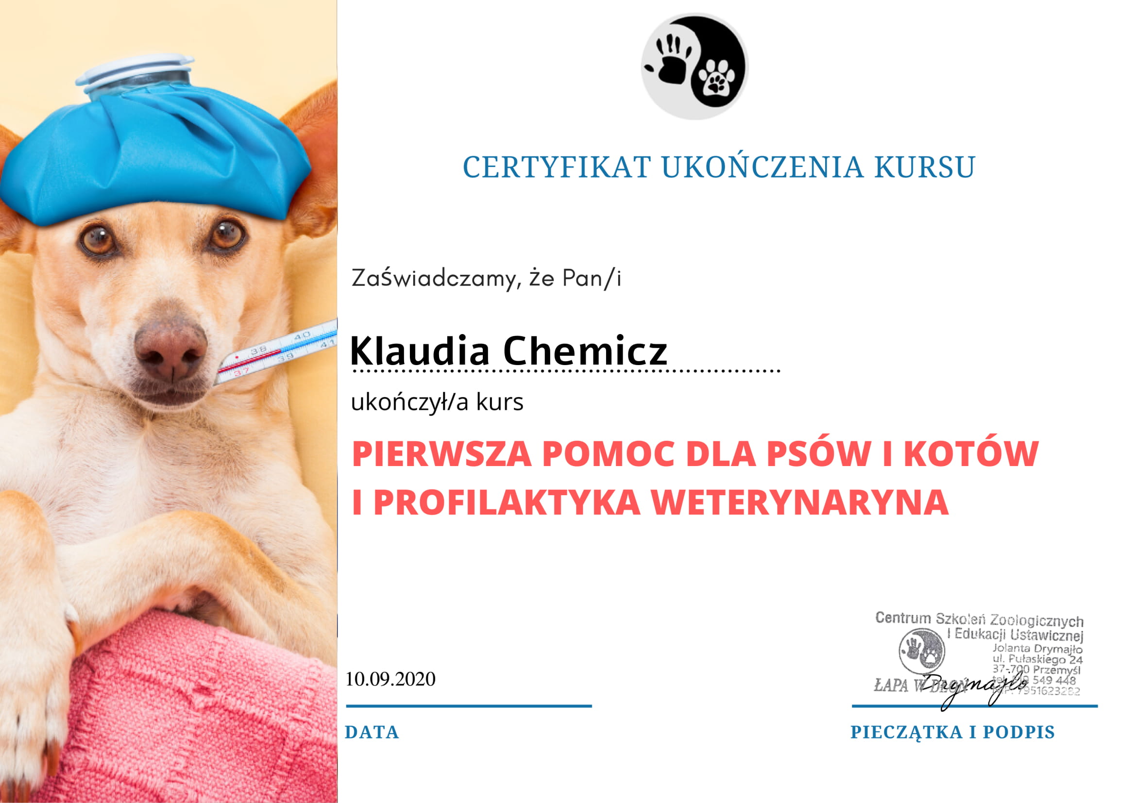 Klaudia Chemicz dyplom behawiorystyka