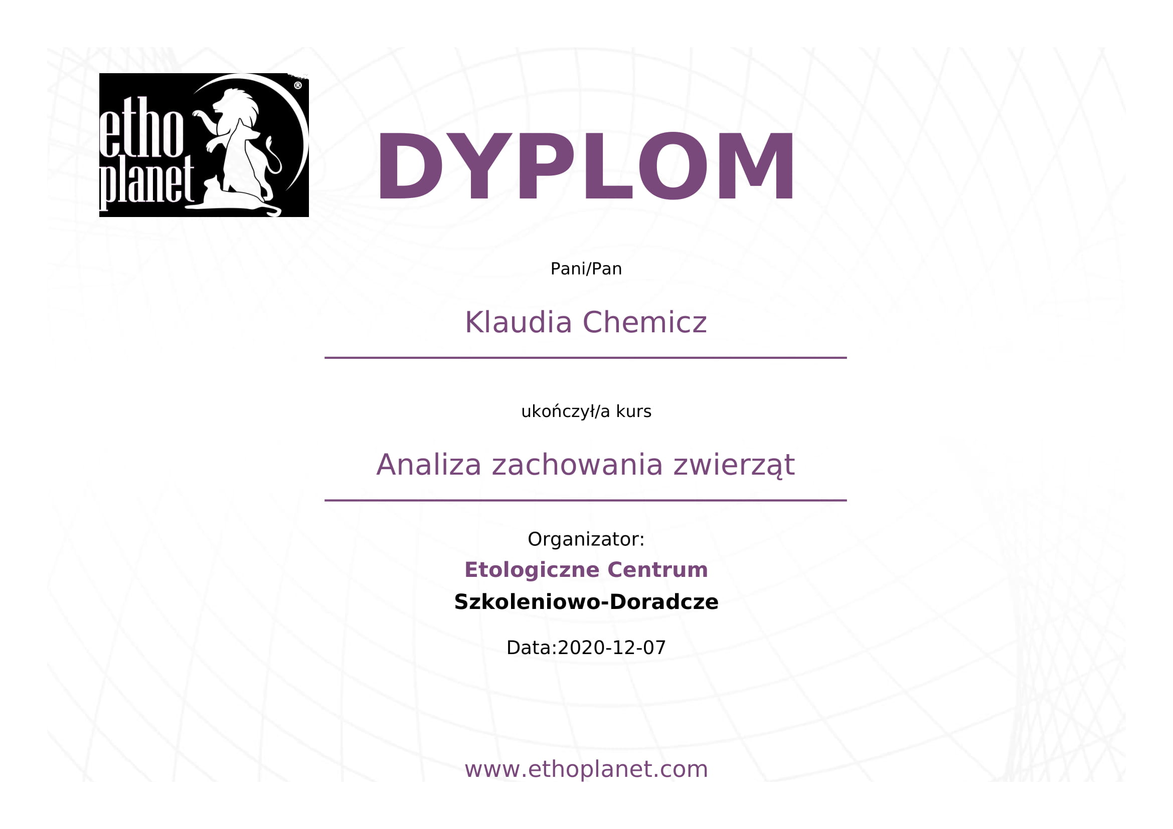 Klaudia Chemicz dyplom behawiorystyka