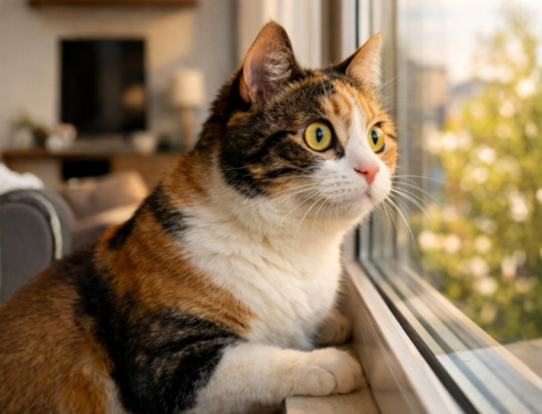 kot patrzy przez okno wiosną